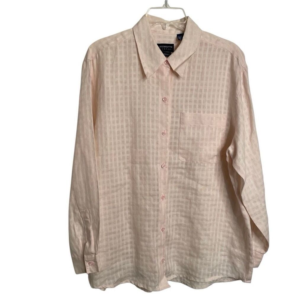 Vtg Womens Irish Linen Button Down Shirt L Light Pink Basketweave Translucent